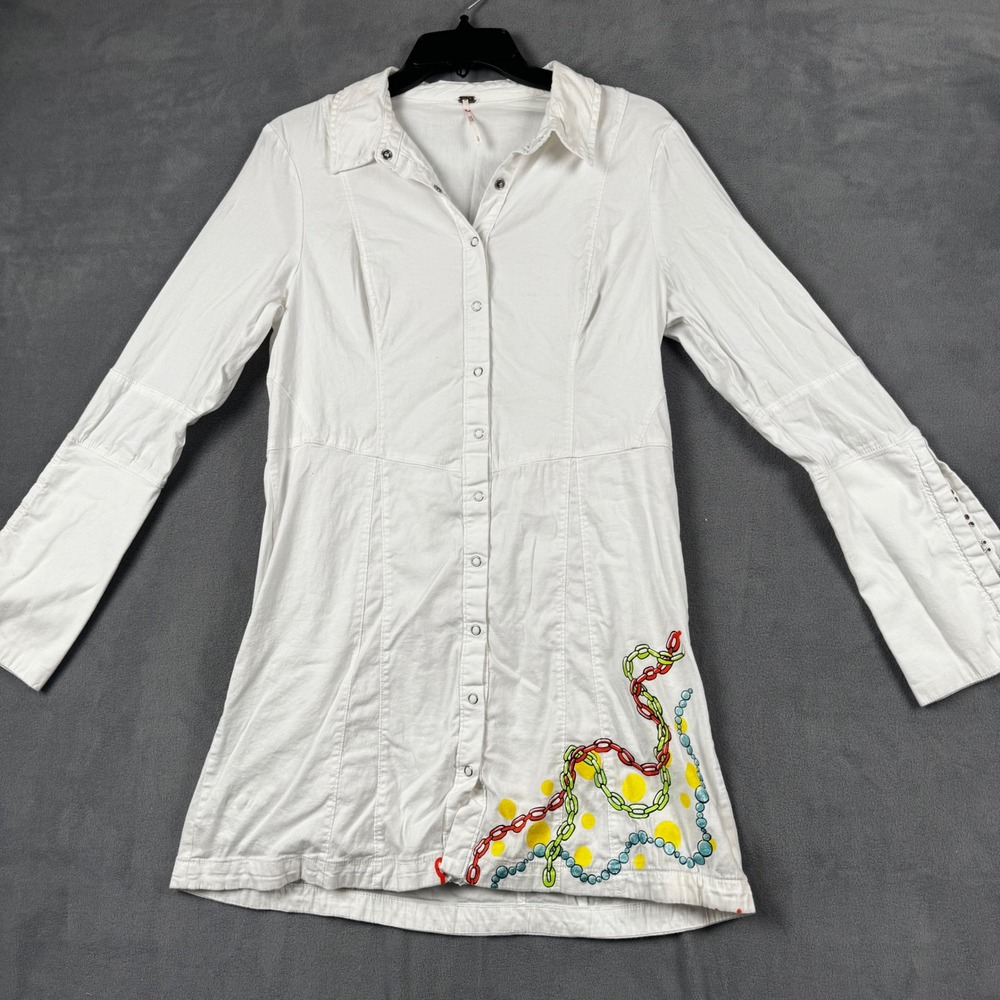 Free People White Snap Front Mini Dress Graphic Chain Hook Eye Cuff Small